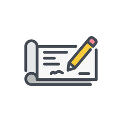Poster - Cheque color line icon. Bank checkbook and Financial check with pencil vector outline colorful sign.