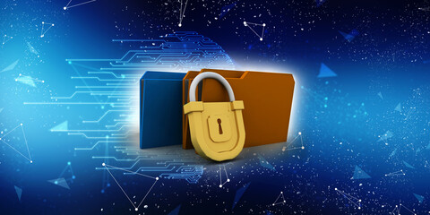 Poster - Yellow folder and lock. Data security concept. 3D rendering