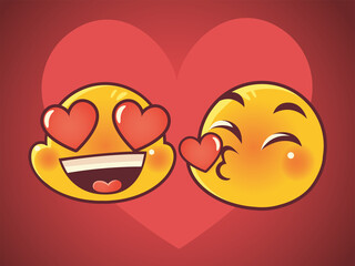 Poster - emoji faces expression funny kiss and love reactions on heart background