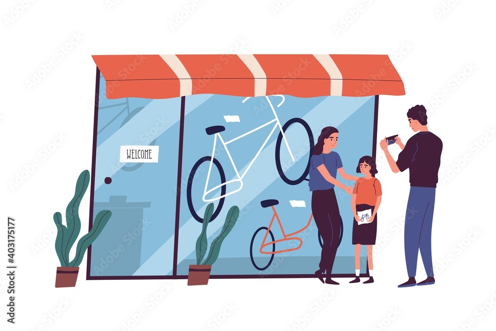Poor family have no money to buy bike to child vector flat illustration. Sad father looking at empty wallet standing near store showcase isolated. Poverty and financial crisis - obrazy, fototapety, plakaty 