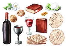Passover Seder Meal Elements Set. Jewish Holiday Pesach. Watercolor Hand Drawn Illustration, Isolated On White Background