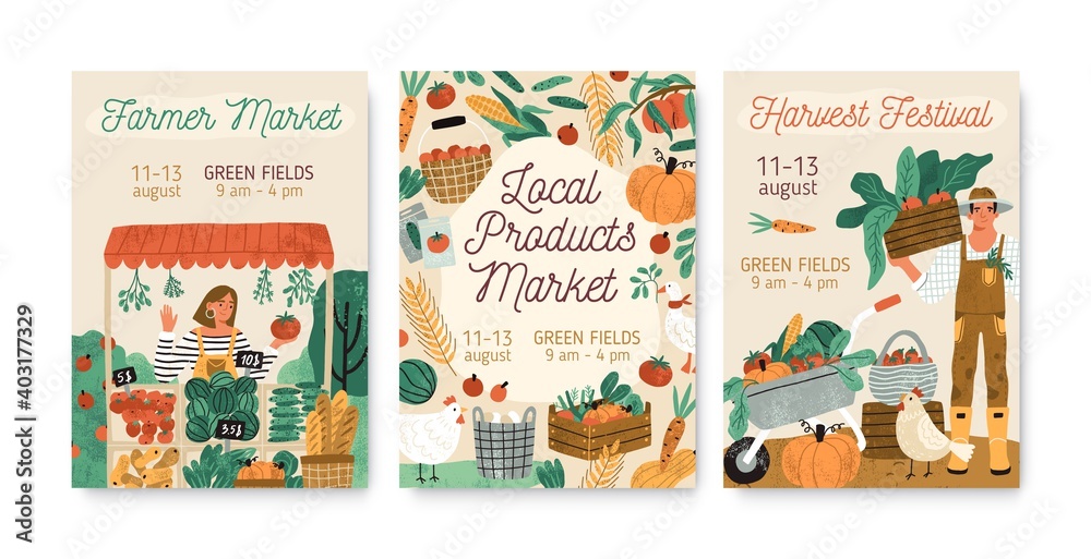 Collection of local products farmer market and harvest festival posters vector flat illustration. Set of announcement for seasonal agricultural fair isolated. Promo template with place for text - obrazy, fototapety, plakaty 