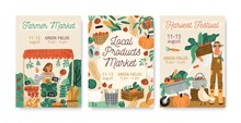 Collection Of Local Products Farmer Market And Harvest Festival Posters Vector Flat Illustration. Set Of Announcement For Seasonal Agricultural Fair Isolated. Promo Template With Place For Text