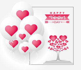 Sticker - happy valentines day lovely tree with leaves shaped hearts and balloons decoration card