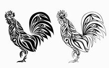 Decorative Cockerel. Stylized Rooster Decorated With Floral Ornament. Cock Isolated On A White Background.