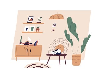 Poster - Modern cozy living room interior with furniture, houseplants and decoration in Scandinavian style. Cat sleeping on chair at home. Hygge concept. Flat vector illustration isolated on white background