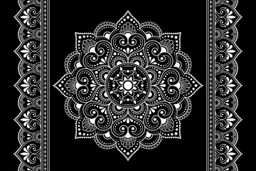 Set of mandala pattern and seamless border for Henna drawing and tattoo. Decoration in ethnic oriental mehndi, Indian style. Doodle ornament in black and white. Hand draw vector illustration.