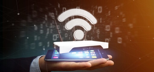 Poster - Businessman holding a Wifi router and data - 3d rendering