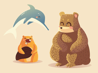 Canvas Print - dolphin beaver and bear wild cartoon animals icons