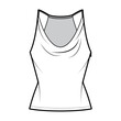 Tank low cowl Camisole technical fashion illustration with thin adjustable straps, slim fit, tunic length. Flat apparel outwear top template front, white color. Women men unisex CAD mockup