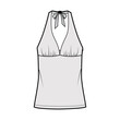 Top empire seam and tieback halter tank technical fashion illustration with close-fitting shape, oversized. Flat apparel shirt outwear template front, grey color. Women men unisex CAD mockup