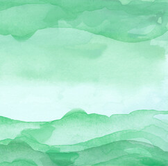 Wall Mural - Watercolor green background, blot, blob, splash of green paint. Watercolor field, meadow, spot, abstraction. Wild grass, bushes, country abstract landscape. Watercolor card, banner. splashing