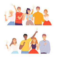 Poster - Group of Joyful People Holding Burning Sparklers Set, Happy Friends Celebrating Holidays Together Cartoon Style Vector Illustration