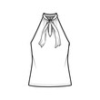 Top V-neck halter tank technical fashion illustration with tie, wrap, oversized, bow, tunic length. Flat outwear template front, white color. Women men unisex CAD mockup