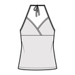 Top halter neck surplice tank cotton-jersey technical fashion illustration with empire seam, bow, oversized, tunic length. Flat outwear template front, grey color. Women men CAD mockup Camisole
