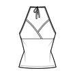 Top halter neck surplice tank cotton-jersey technical fashion illustration with empire seam, bow, slim fit, tunic length. Flat outwear template front, white color. Women men unisex CAD mockup