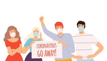 Sticker - Group of People Wearing Protective Medical Face Masks Holding Poster Protesting against Spread of Coronavirus Cartoon Style Vector Illustration