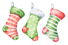 Watercolor Christmas Socks, Holidays Season Watercolour Illustration.