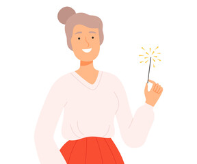 Wall Mural - Happy Woman with Burning Sparklers, Joyful Person Celebrating Holiday Event Cartoon Style Vector Illustration