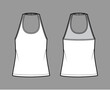 Tank halter scoop neck top technical fashion illustration with oversized, tunic length. Flat apparel shirt outwear template front, back, white color. Women men unisex CAD mockup