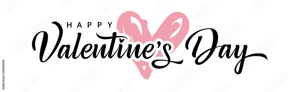 Valentine's day background with pink heart and typography of happy valentines day. Valentine holiday text design with rose color doodle heart for wallpaper, flyer, invitation, poster, banner, header - obrazy, fototapety, plakaty 