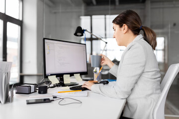 Sticker - business, startup and people concept - businesswoman with computer and coffee working at office