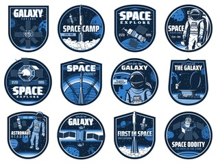 Poster - Outer space vector icons with glitch effect. Astronaut academy, galaxy, rocket. Cosmos explore shuttles expedition, exploration or adventure. Satellite space camp, rover on alien planet surface labels