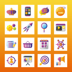 Sticker - digital marketing smartphone apps message business calendar commerce square icons collection