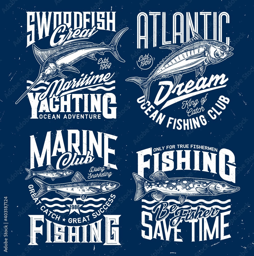Ocean fishing and yachting club t-shirt print. Swordfish or marlin ...