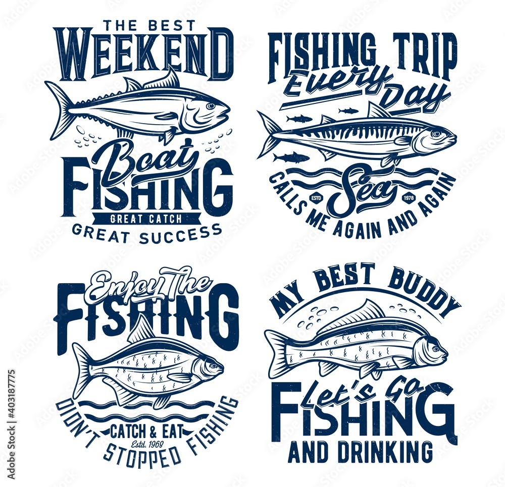Weekend fishing hobby trip t-shirt prints. Tuna, mackerel and bream, carp fishes engraved vector. Trophy fishing sport, fisherman clothing print designs with vintage typography, sea and river fishes - obrazy, fototapety, plakaty 