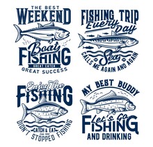 Weekend Fishing Hobby Trip T-shirt Prints. Tuna, Mackerel And Bream, Carp Fishes Engraved Vector. Trophy Fishing Sport, Fisherman Clothing Print Designs With Vintage Typography, Sea And River Fishes