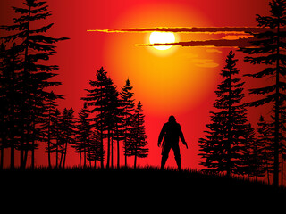 A man with a weapon in his hands. Sky, sun, trees. Colorful vector image.