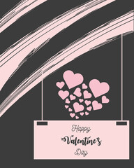 Canvas Print - happy valentines day pink paint srtoke with signboard and hearts on black background