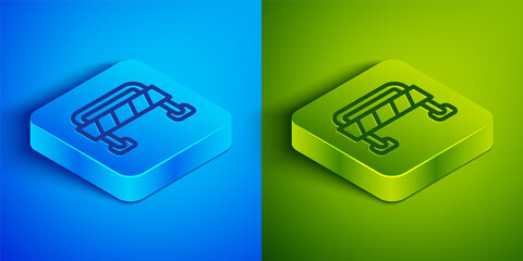 Sticker - Isometric line Road barrier icon isolated on blue and green background. Symbol of restricted area which are in under construction processes. Repair works. Square button. Vector.