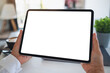 © Farknot Architect - Mockup image of a woman holding digital tablet with blank white desktop screen