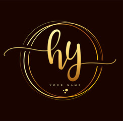 Wall Mural - HY Initial handwriting logo golden color. Hand lettering Initials logo branding, Feminine and luxury logo design isolated on black background.