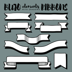 Fototapete - Vector ribbon set with shadows black and white hand drawn elements isolated on gray background