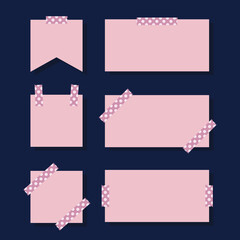 Fototapete - blank reminder paper notes with dotted washi tape pink vector set of elements isolated on dark background