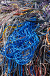 Blaue Kabel auf einem Haufen mit Kabeln (Recycling von Elektrokabel, Datenkabel)