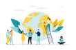 Vector flat style concept for environment protection and ecology. People silhouettes in different poses around planet Earth. Minimalism design with exaggerated objects. Floral elements at background.