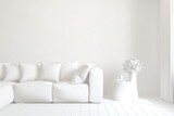 Fototapeta  - White minimalist living room with sofa. Scandinavian interior design. 3D illustration