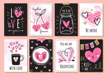 Set Of Cute Valentine Cards In Doodle Style.