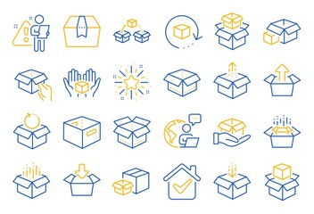 Poster - Box line icons. Package, delivery boxes, cargo box. Cargo distribution, export boxes, return parcel icons. Shipment of goods, purchase container, open package. Logistics goods. Line icon set. Vector