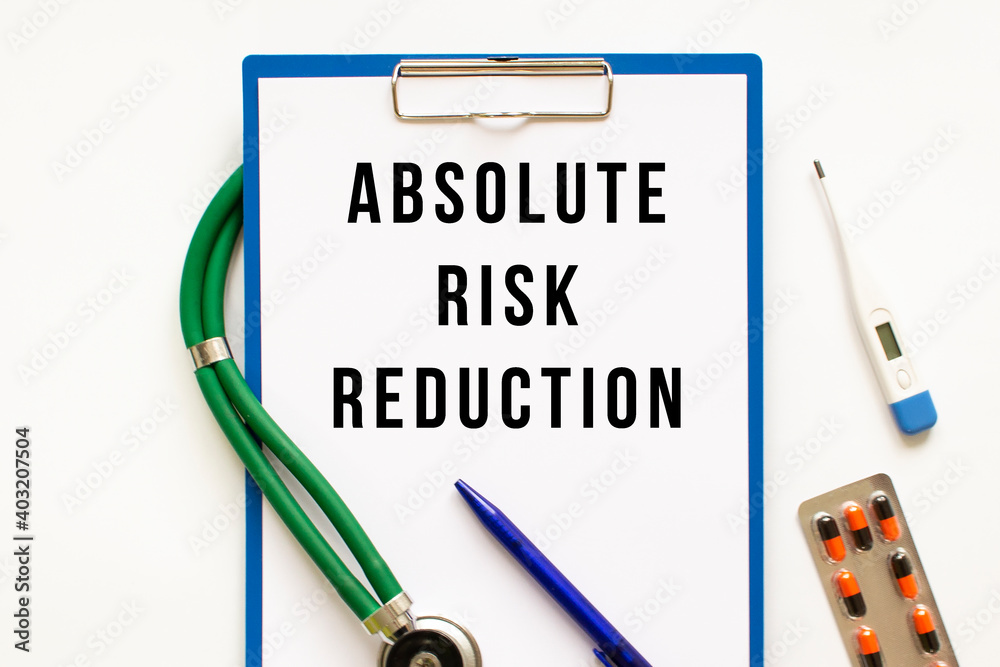 Text ABSOLUTE RISK REDUCTION in the folder with the stethoscope. Medical concept.