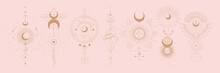 Vector Illustration Set Of Moon Phases. Different Stages Of Moonlight Activity In Vintage Engraving Style. Zodiac Signs