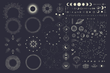 vector illustration set of moon phases. different stages of moonlight activity in vintage engraving 
