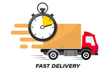 Shipping Fast Delivery Truck With Clock. Online Delivery Service. Express Delivery, Quick Move. Fast Shipping Truck For Apps And Websites. Line Cargo Van Moving Fast. Chronometer, Fast Service 24/7