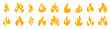 Collection flames of different shapes. Set of Burning Fire, flames vector icons. Red and orange fire flame. Flame, Fire Vector signs. Flames icons. Energy and power. Hot flaming