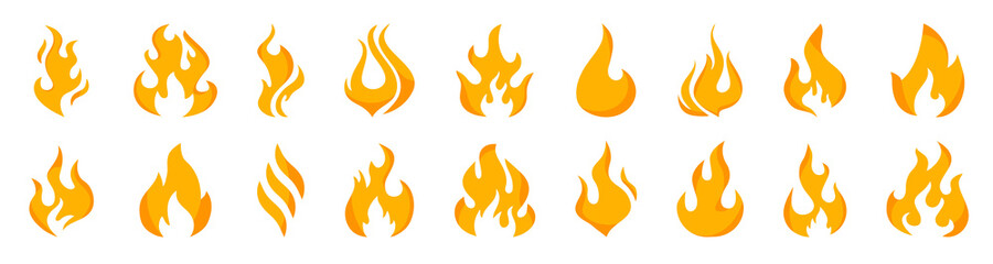 Poster - Collection flames of different shapes. Set of Burning Fire, flames vector icons. Red and orange fire flame. Flame, Fire Vector signs. Flames icons. Energy and power. Hot flaming