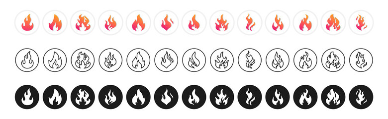 Poster - Collection flames of different shapes. Set of Burning Fire, flames vector icons. Flame, Fire Vector signs. Black fire flat vector illustration. Flames icons. Energy and power. Hot flaming.